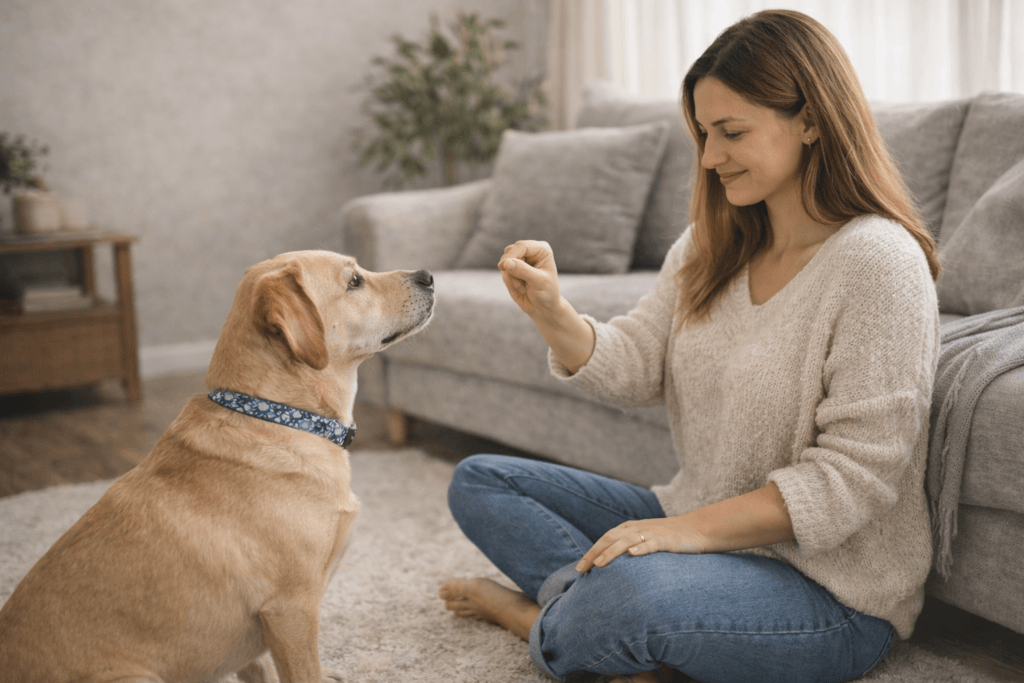 Dog mom doing calm brain training exercises with her dog at home