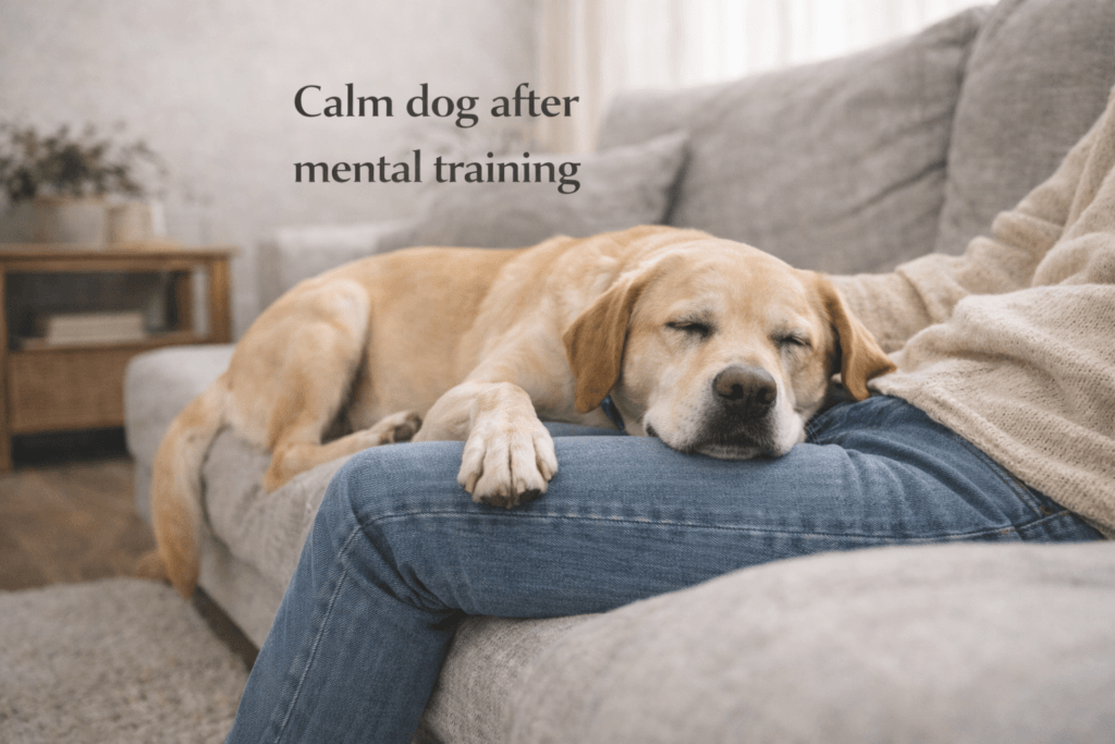 Calm dog relaxing at home after mental stimulation and brain training
