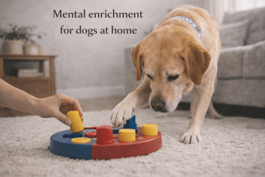 Dog engaged in mental enrichment activity and brain training at home