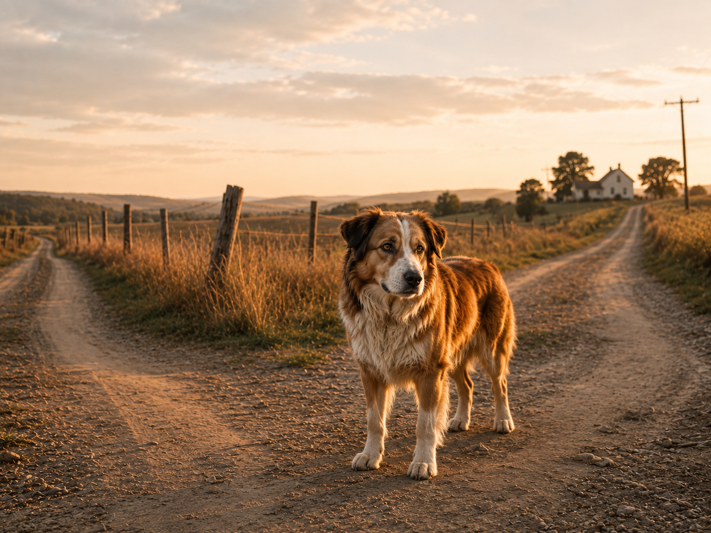 Illustration of a brown and white dog standing at a country crossroads at sunset, symbolizing a lost dog finding his way home.