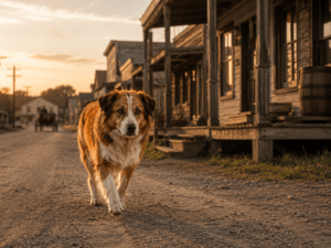 Illustration of a brown and white dog walking down a rustic small-town street at sunset, inspired by stories of dogs finding their way home.