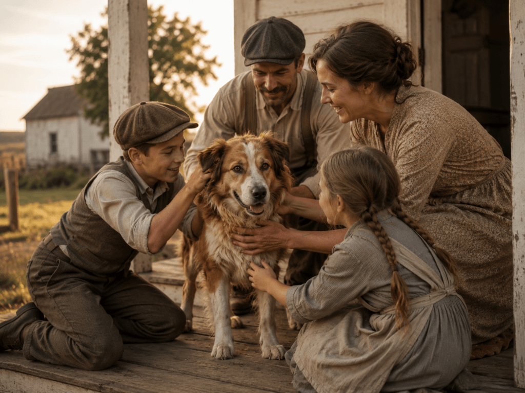 Illustration of a brown and white dog being welcomed home by a family on a farmhouse porch after a long journey.