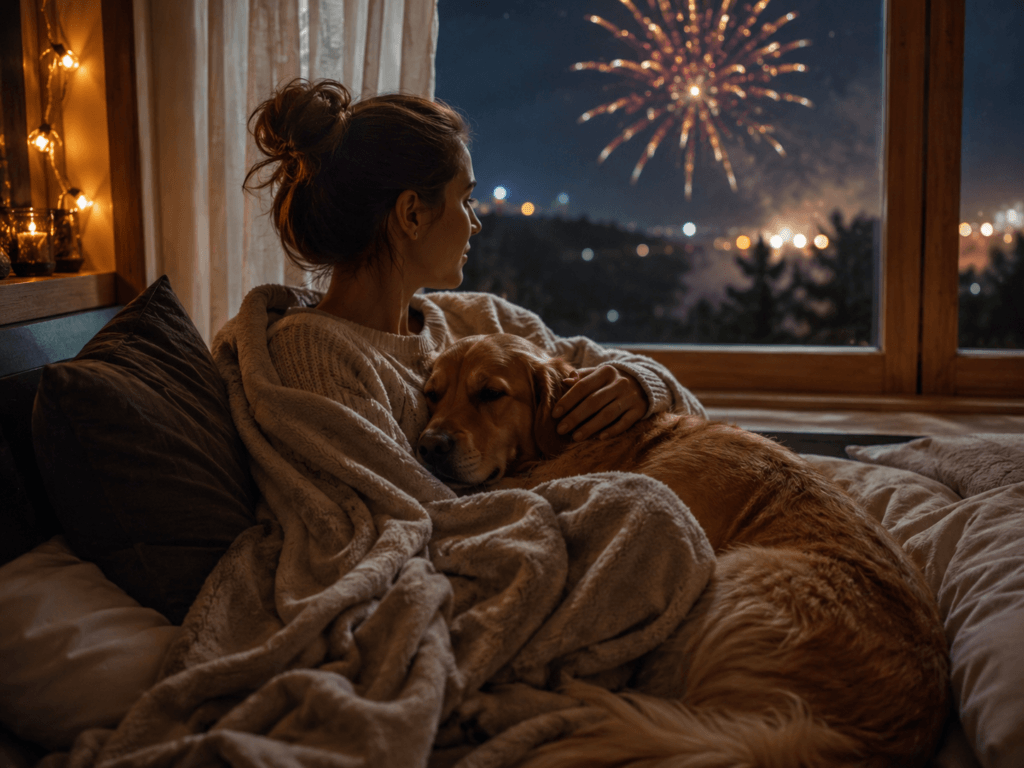 Woman cuddling a sleepy golden retriever on a couch while fireworks blur in the background outside.