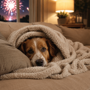 Dog snuggled under a soft blanket while fireworks glow outside.