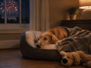 Calm dog resting in a cozy bed indoors while fireworks are visible outside.