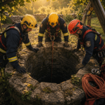 Emergency rescue workers preparing equipment beside a deep well