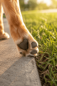 Close-up of a dog paw near the edge of a sidewalk and grass in golden sunlight.