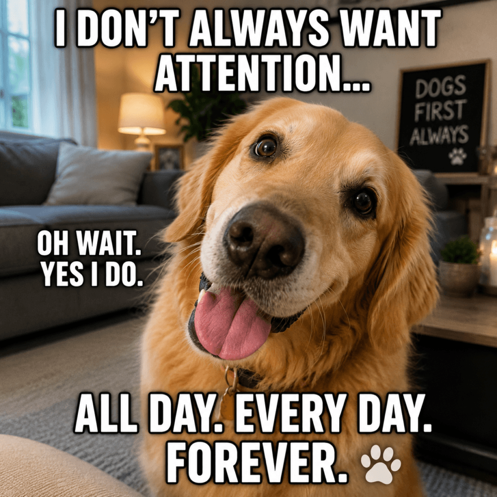 A smiling dog poses in a cozy living room beside a sign expressing the special role dogs play in making a house feel like home.
