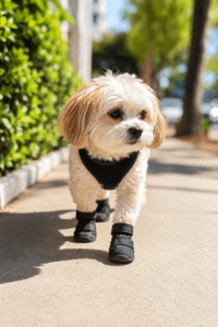 Small fluffy dog wearing protective booties while walking on a sunny sidewalk.