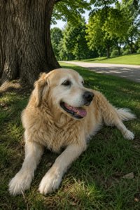 Golden retriever lying in the grass under a large shade tree on a summer day.