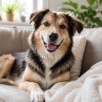 Happy relaxed dog lying on a couch indoors with a soft blanket nearby.