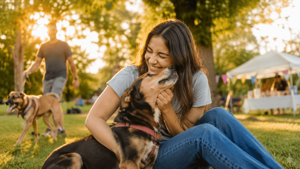 Woman hugging a happy rescue dog after adoption