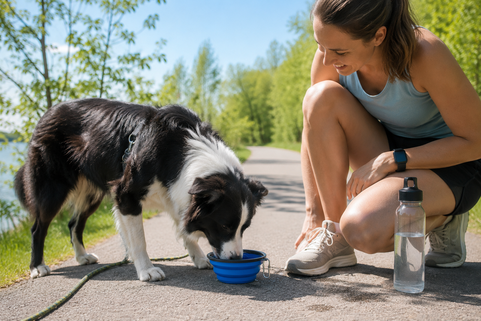 Person testing the pavement with their hand while a dog waits nearby.
