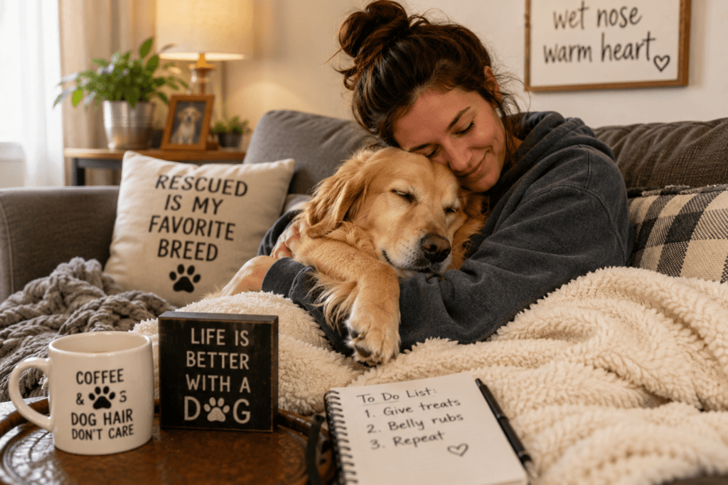 Rescue dog cuddling with owner on a cozy couch