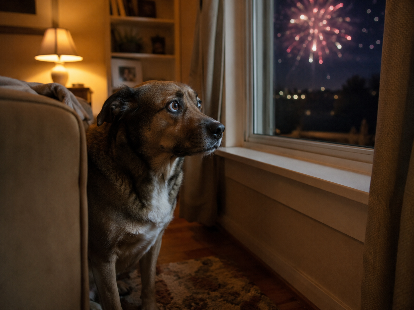 Scared dog sitting indoors near a window while fireworks burst outside at night.